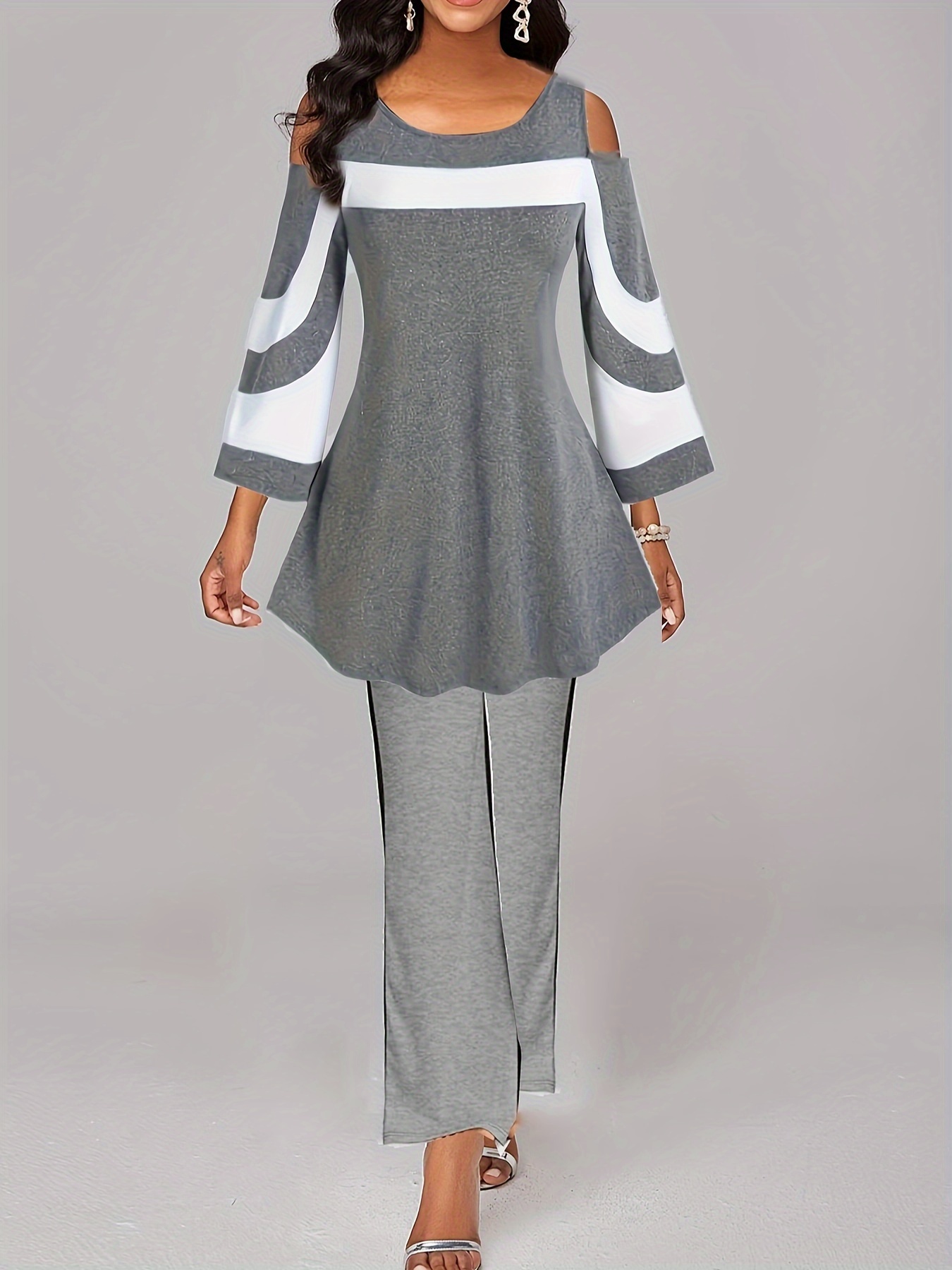 Colorblock Cold Shoulder Top & Flared Leg Pants Set