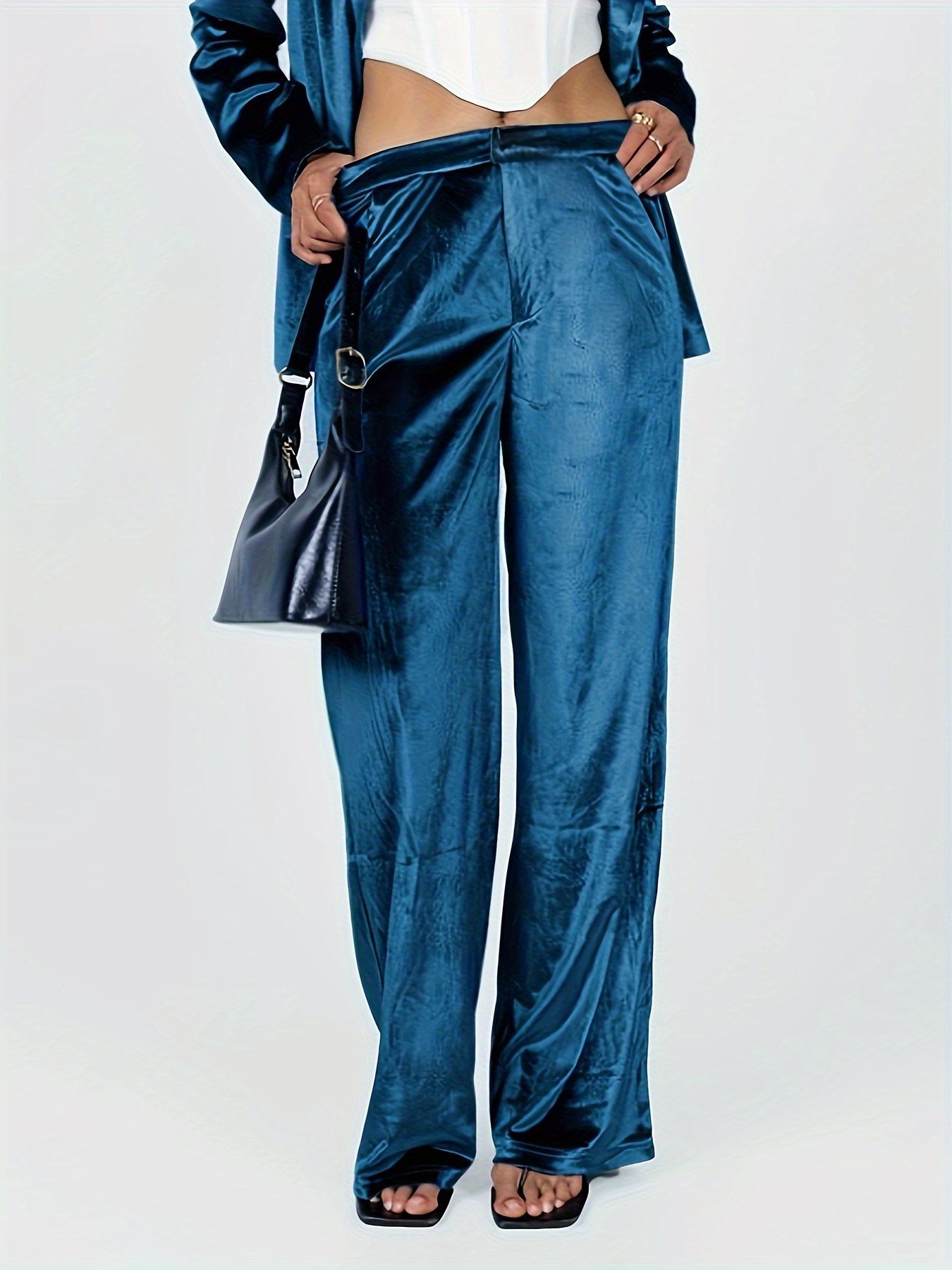 Plus Size Casual Suit Set, Women's Plus Solid Long Sleeve Lapel Collar Crop  Blazer & Wide Leg Pants Suit 2 Piece Set