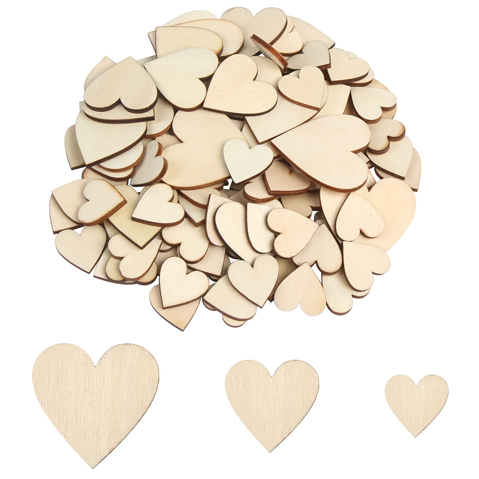 Shapenty Unfinished Blank Wooden Heart Shaped Slices Discs DIY Craft Pieces for Wedding Ornaments Christmas Party Embellishment, Pack of 100