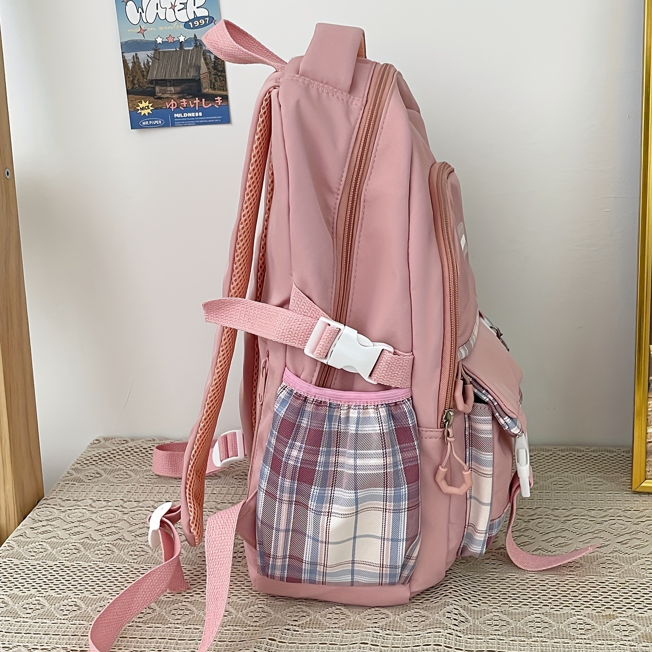 Large Capacity Zipper Travel Bag Student Backpack Plaid Backpack School Bag