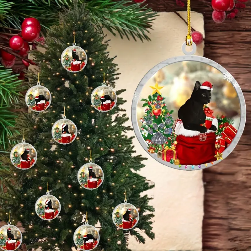 2d Flat Christmas Hat Black Cat Pendant Round Christmas Tree - Temu