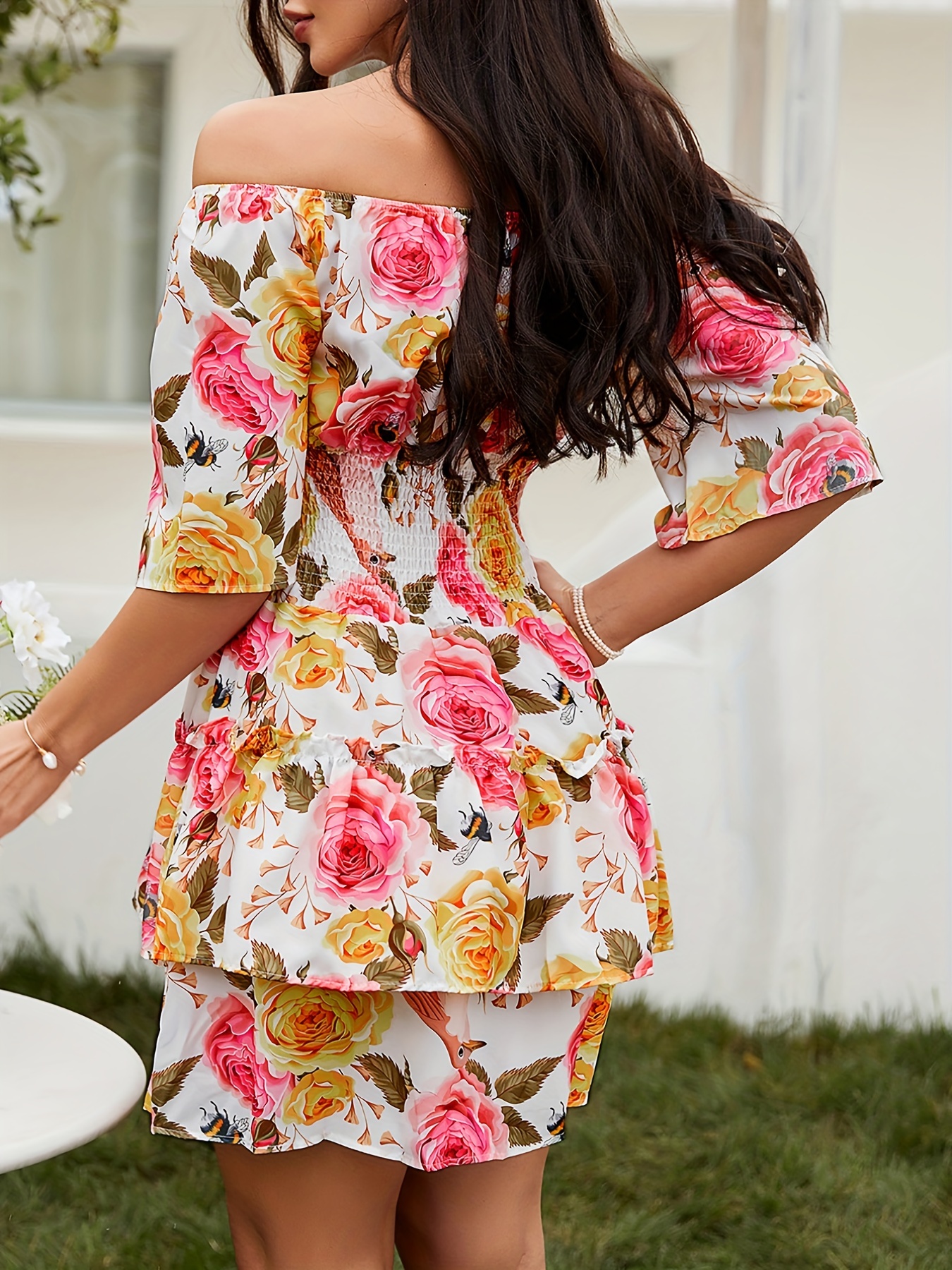 Floral Print Off Shoulder Dress Vacation Layered Dress