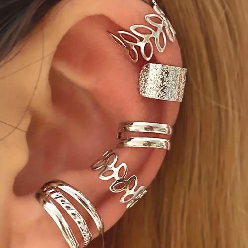Five Pcs Set Golden Silvery Black Ear Bone Clip Vintage Boho Style Cuff Earring Non Piercing Daily Small Simple Elegant Jewelry For Women
