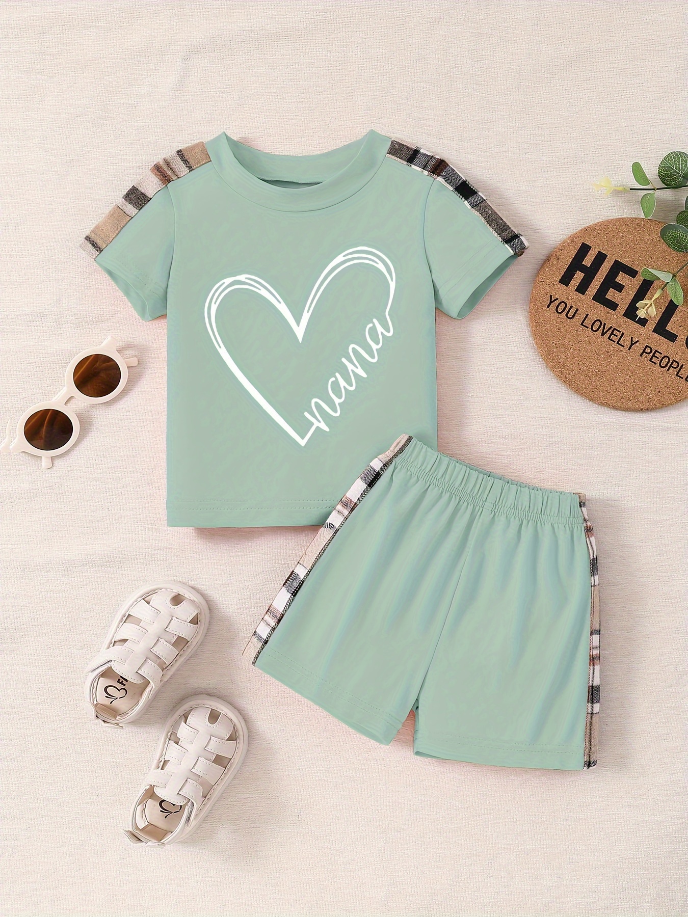 Heart Nana Print Summer Outfit Baby T shirt Shorts Set Baby - Temu