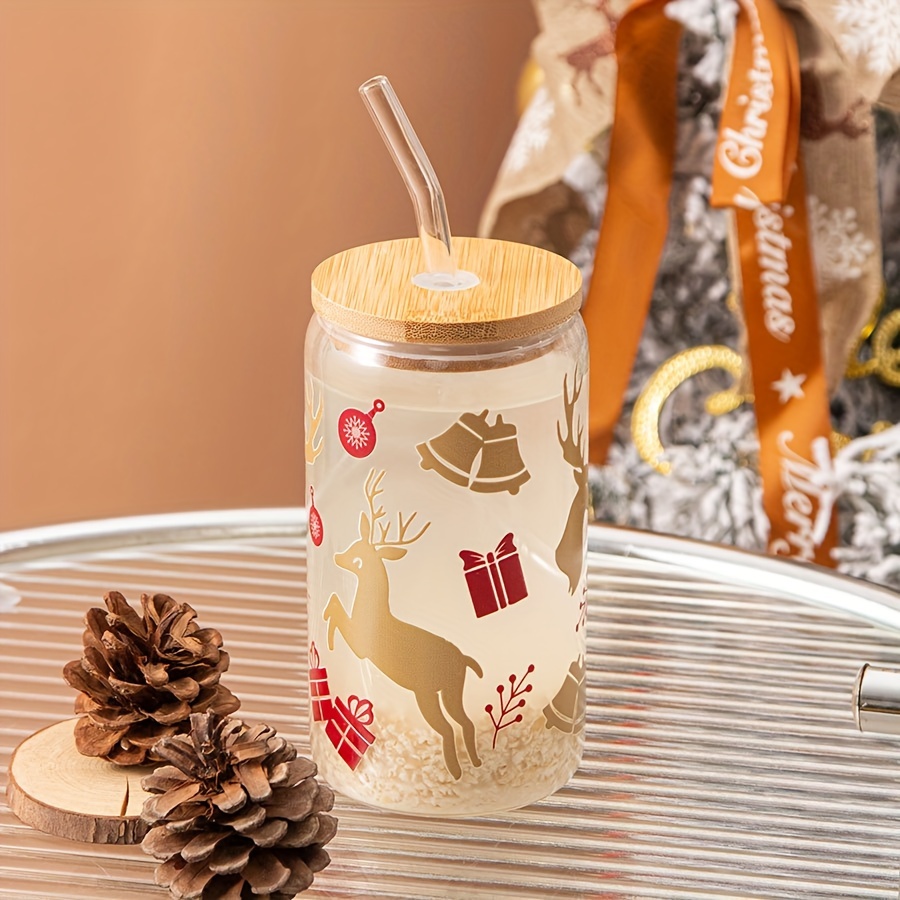 Snowflake Elk Drinking Glass With Bamboo Lid And Straw High - Temu