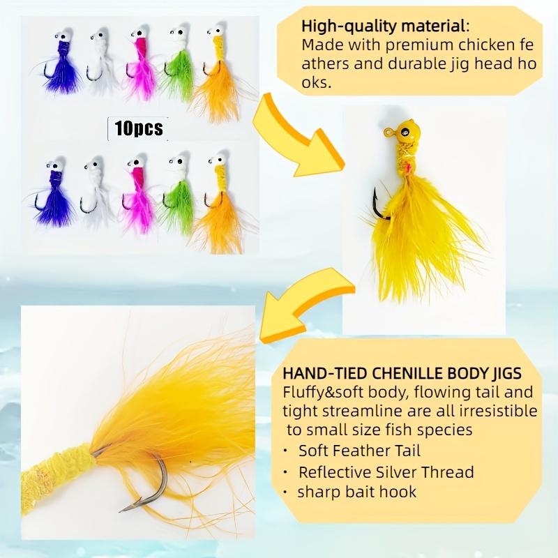 Dovesun Crappie Jigs Jig Heads with Feather Hand-Tied Marabou Jigs 40pcs  Ice  