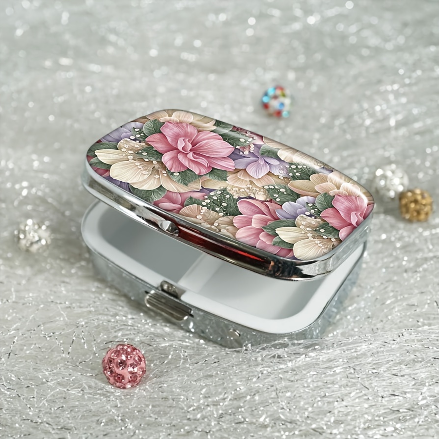 1pc flower pill case pill box pocket 2 compartment medicine case rectangle decorative box vitamin pill organizer for pocket purse and travel gifts 0