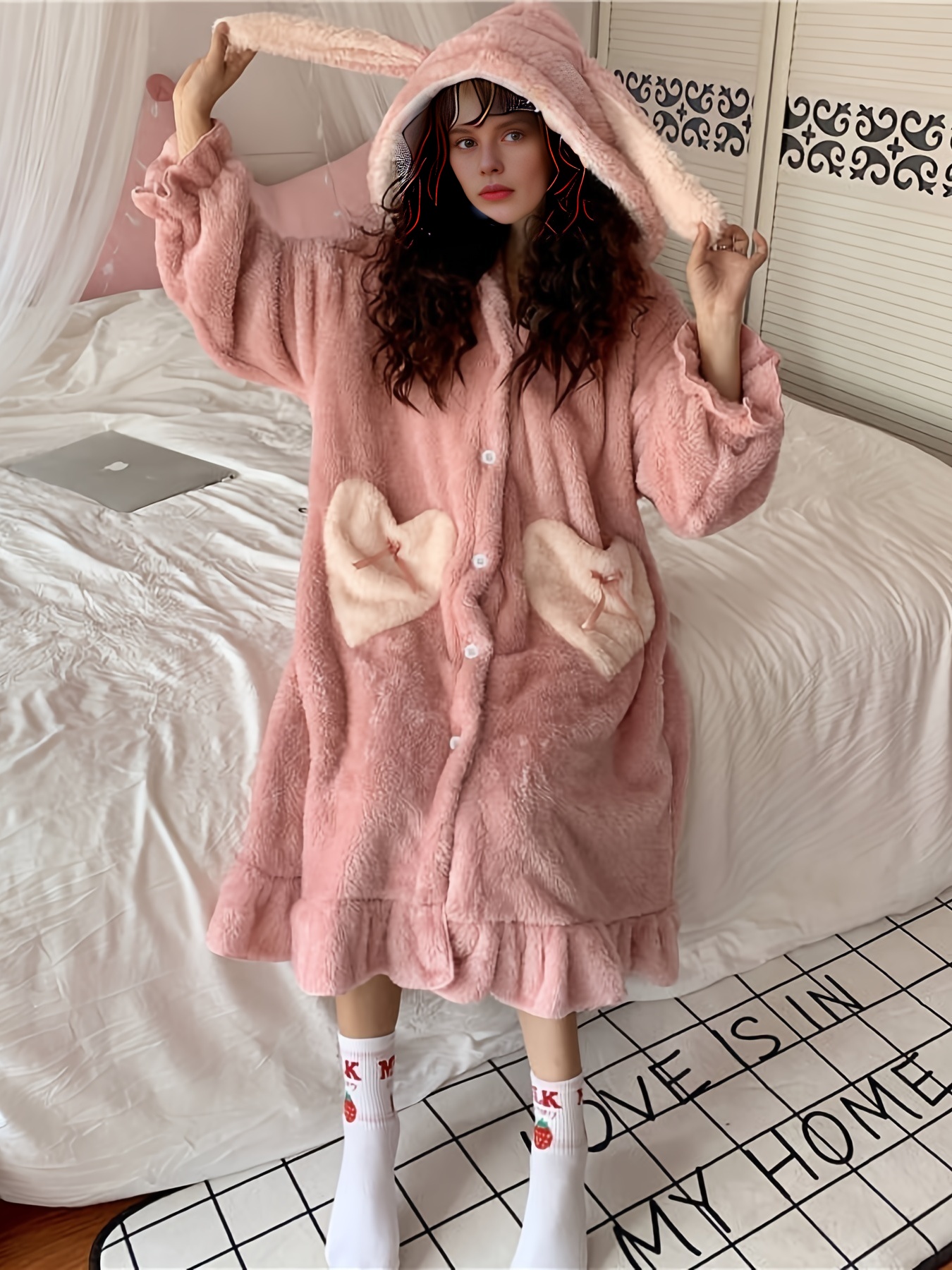 * Hooded Bathrobe, Warm & Fuzzy Ruffle Lounge Robe With Pockets For  Valentine's Gifts, Casual & Comfy Robes, Women's Sleepwear