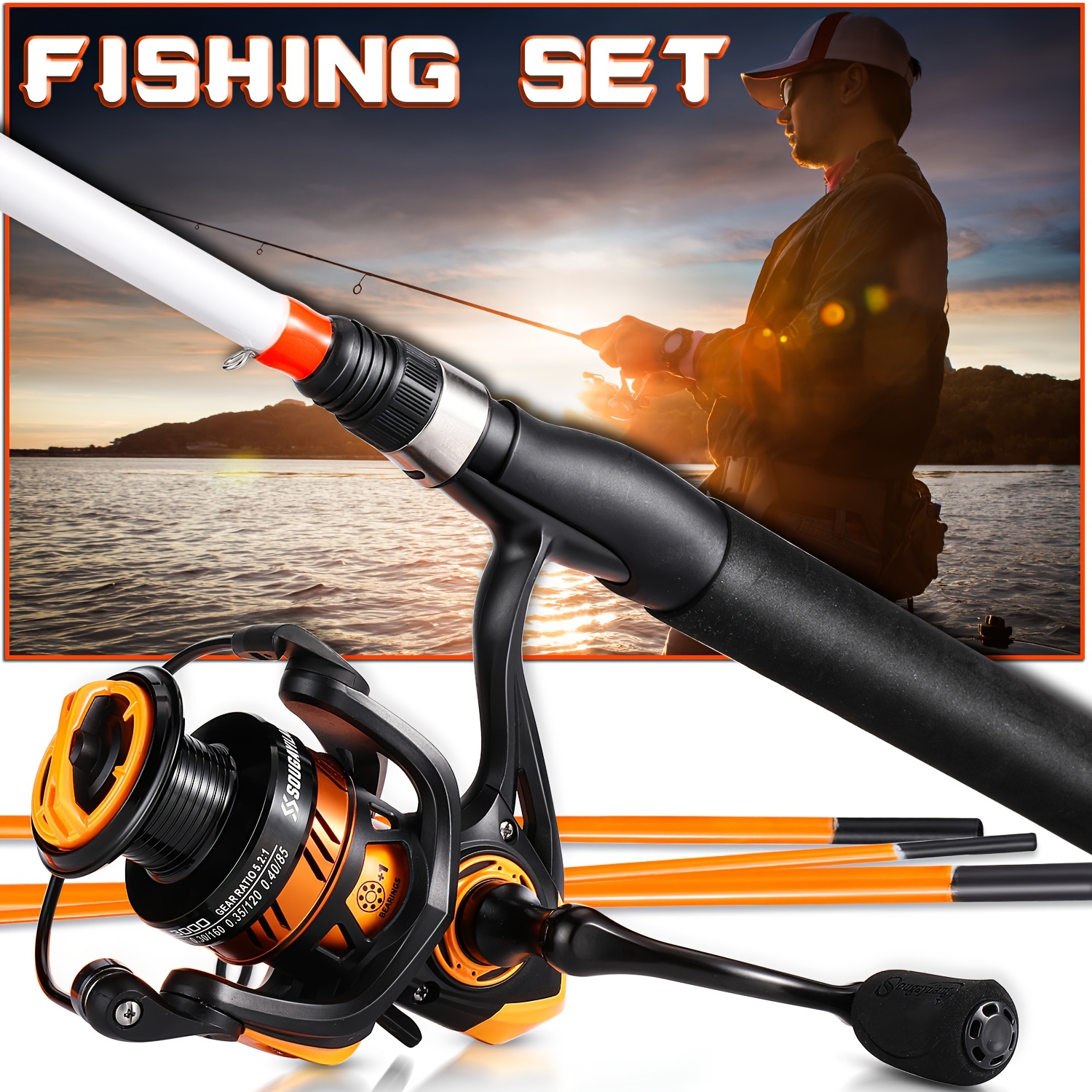Sougayilang Spinning Reel And Fishing Rod Combination Set, Including  2-section Durable Carbon Fishing Rod, 5.2:1 Gear Ratio Fishing Reel With  EVA