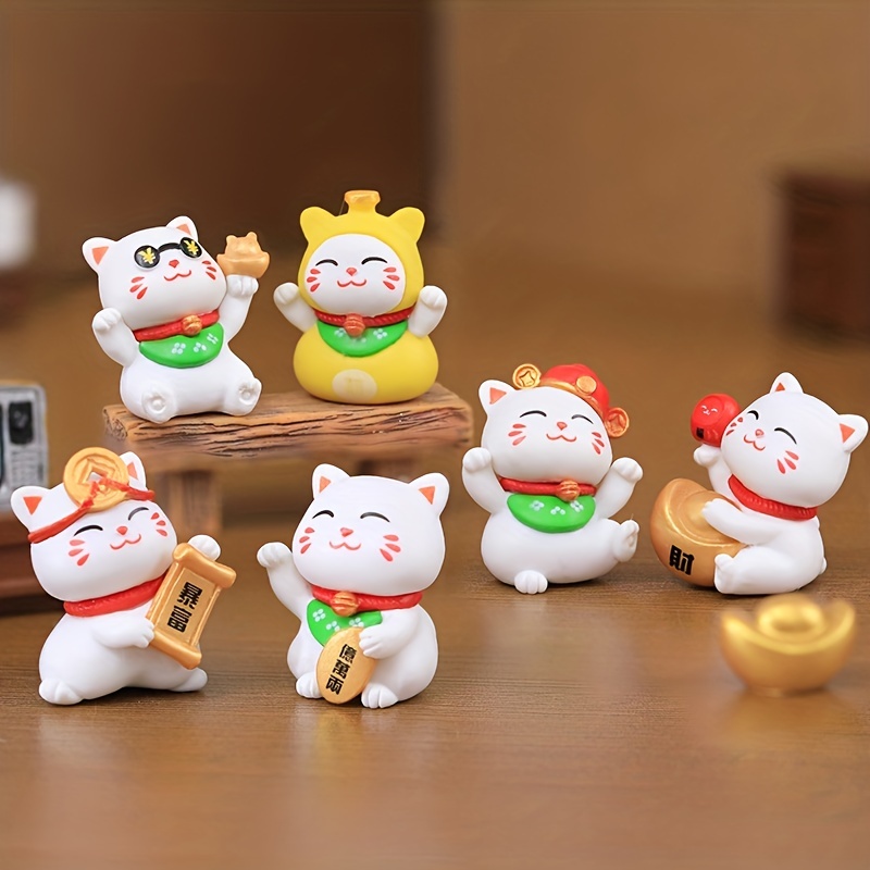 6pcs Lucky Wealth Cat Model,mini Cartoon Animal Figurine, Home Decor  Miniature Fairy Garden Decoration Accessories, Craft Figures,thanksgiving  Gift