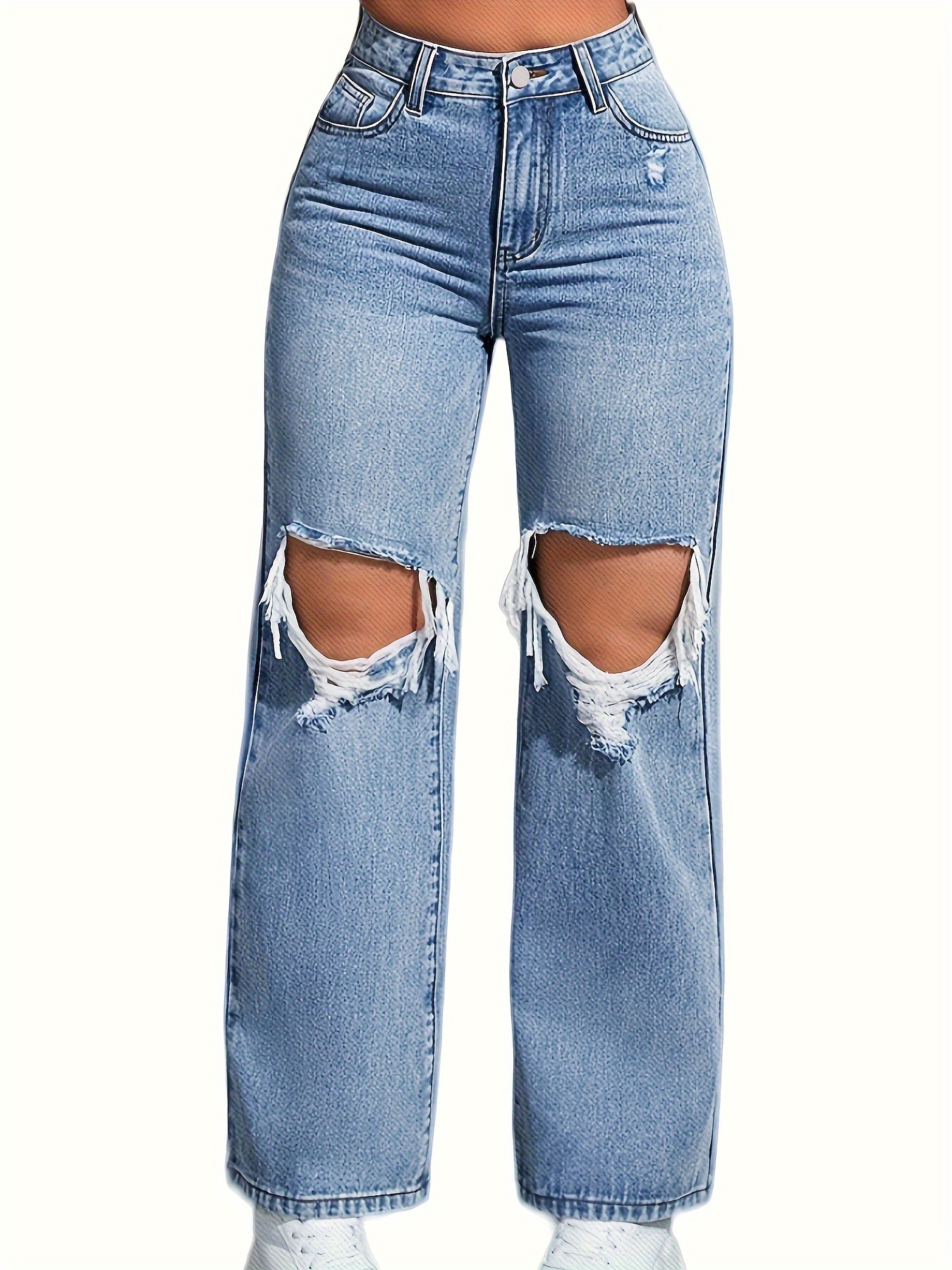 Plus Size Casual Jeans, Women's Plus Solid Ripped Button Fly High Rise Wide  Leg Jeans - Temu United Arab Emirates