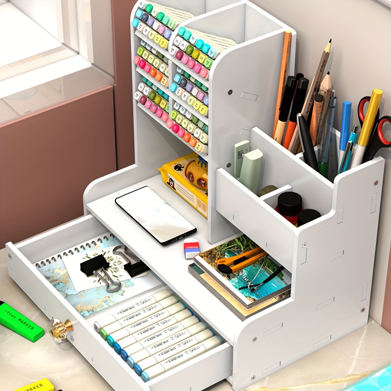 

A Desktop Diy Pen Holder Storage Box, Multifunctional Office Supplies Stationery Box, Large Capacity Student Wood Plastic Storage Rack