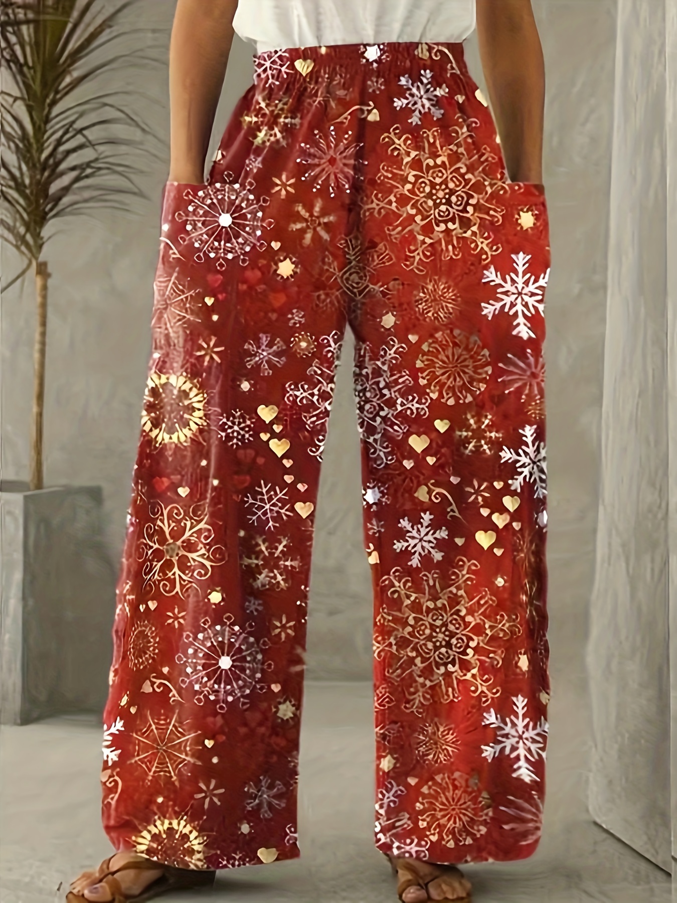 Women Christmas Pajama Red Floral Print Wide Leg Lounge Pants