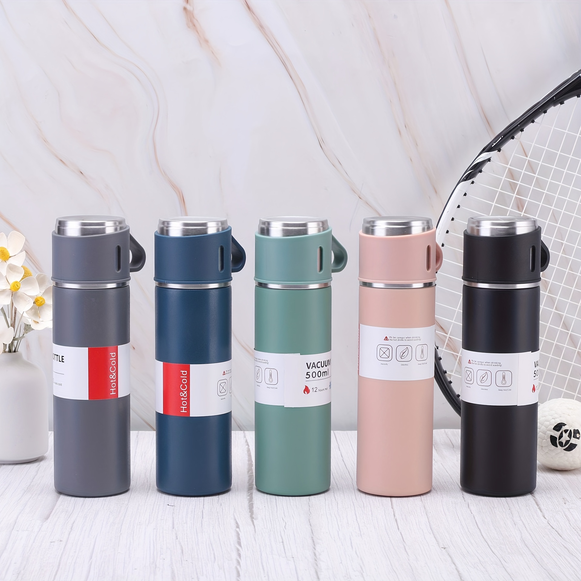 Vacuum Flask 500ml/17.6oz Insulated Flask Double Walled Vacuum Flask Stainless Steel Thermo Bottle with Cup for Coffee Tea Hot Drink and Cold Drink