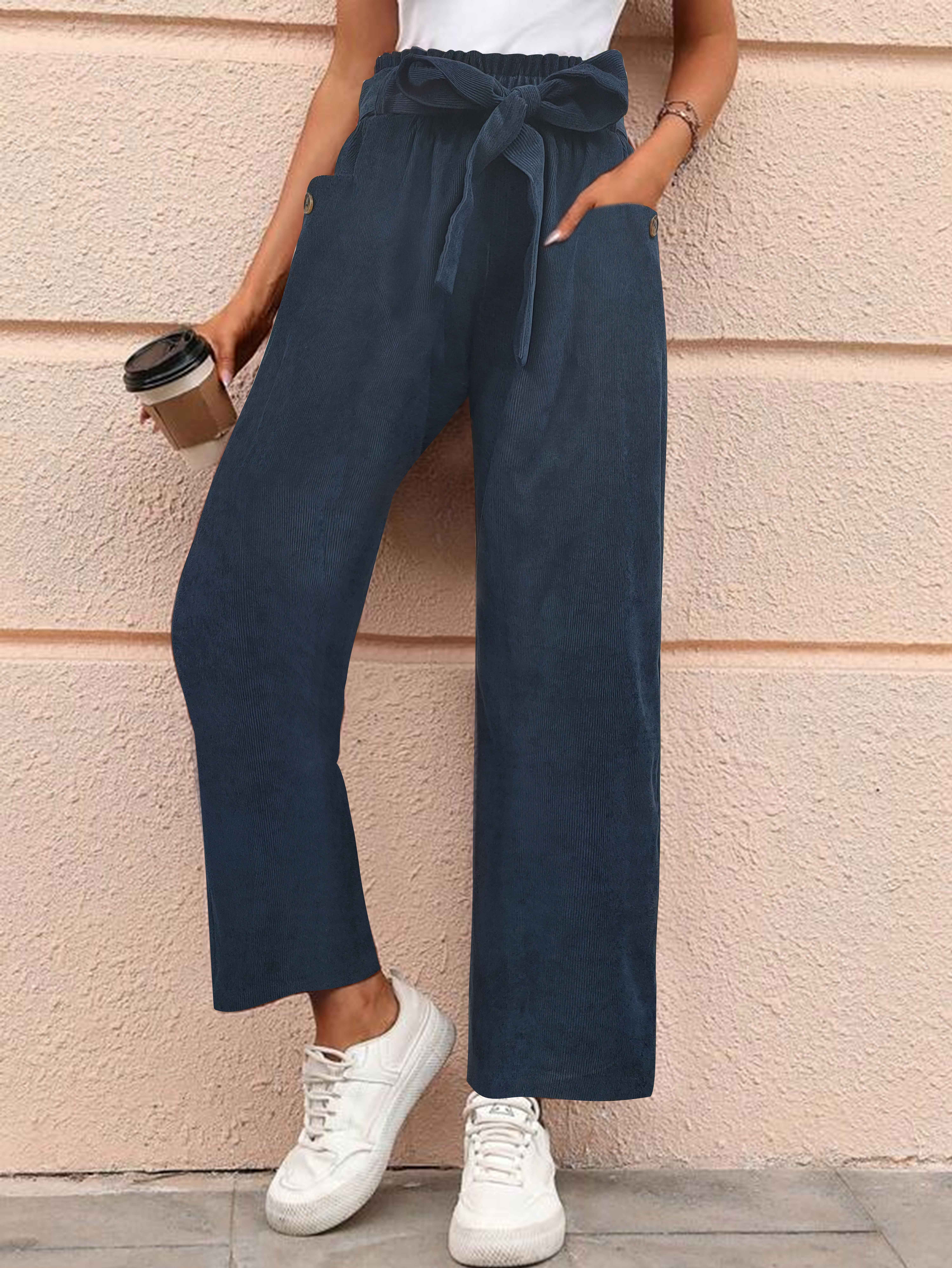 solid belted paper bag waist pants vintage straight leg pants with pocket womens clothing