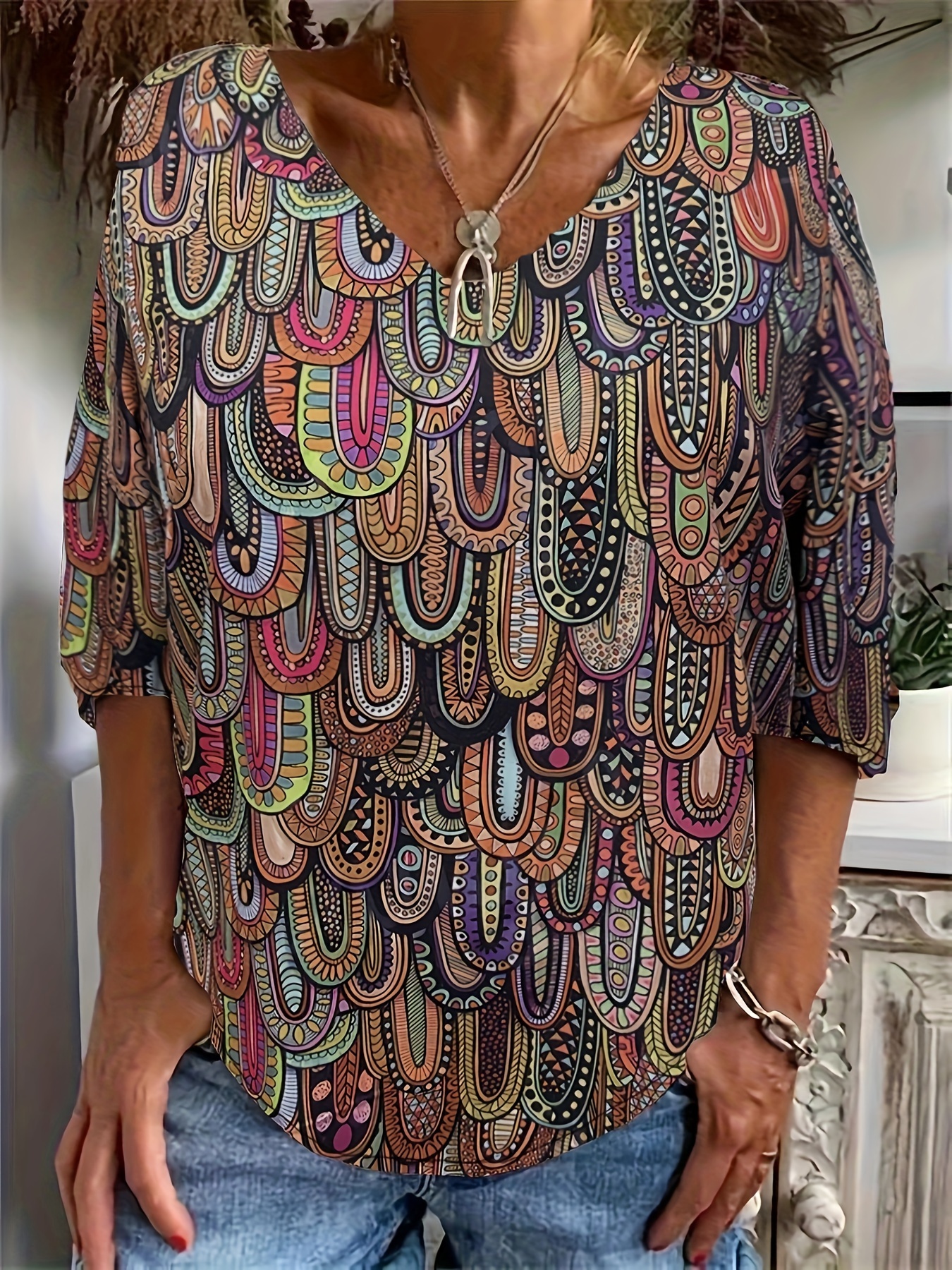 Plus Size Boho Top Women's Plus Allover Paisley Print Half Temu