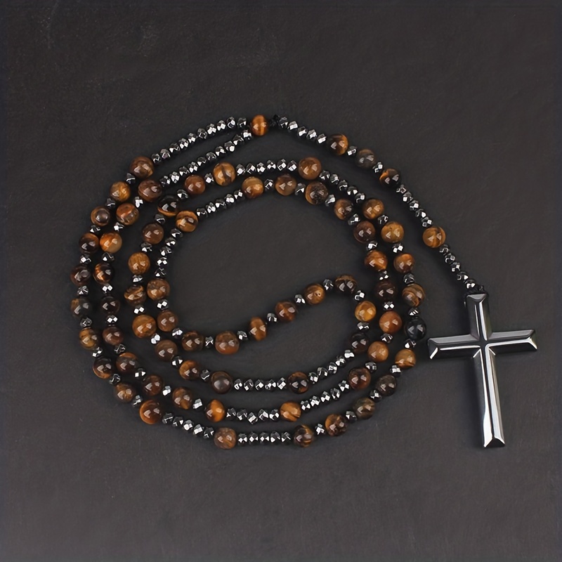 Men's Natural Stone Tiger Eye Lapis Glitter Bead Cross Pendant Necklace