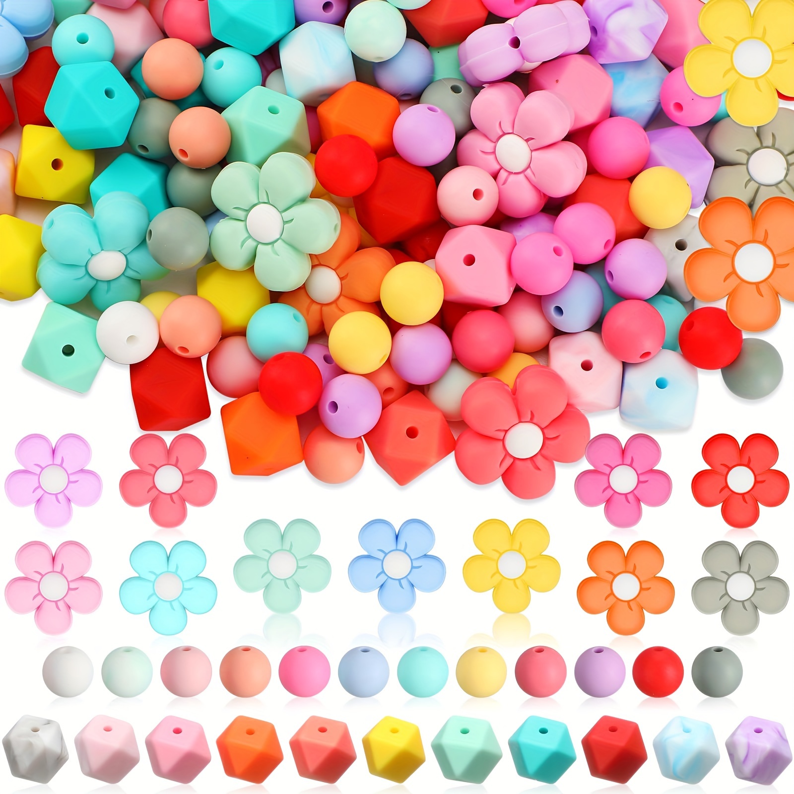 

105pcs Colorful Flower Silicone Beads Bulk Set Include 12mm Round, 14mm Hexagon, 26mm Flower Shape For Diy Key Bag Chain Bracelet Necklace Craft Supplies