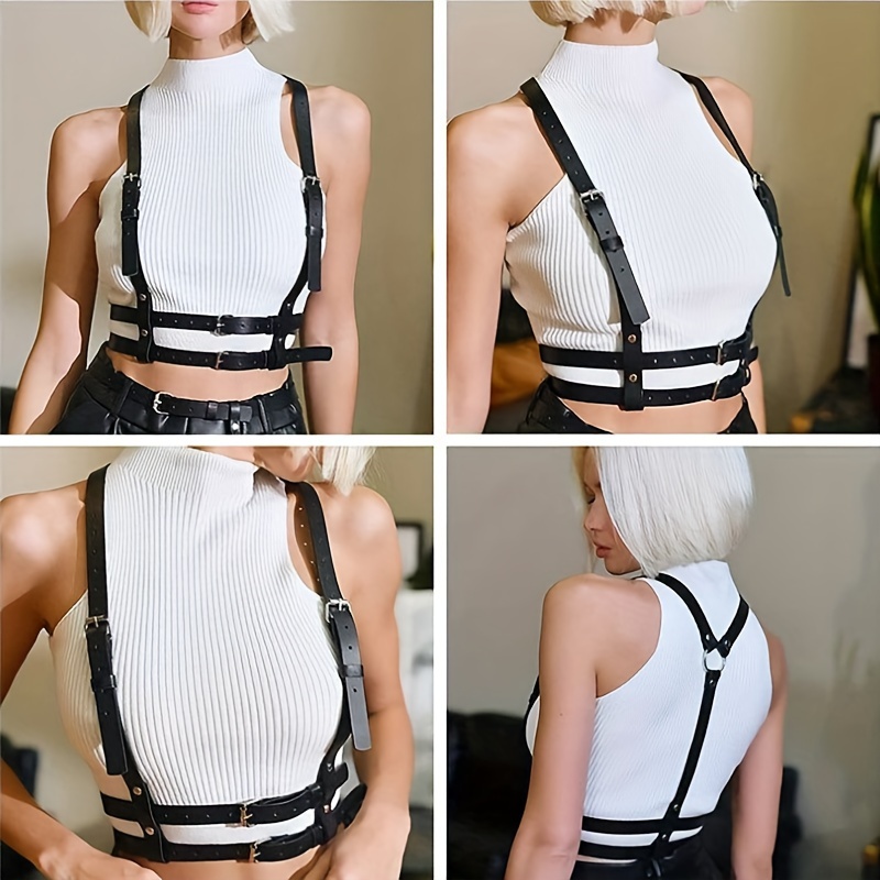 punk adjustable pu harness belts black trendy body chain  display picture 3