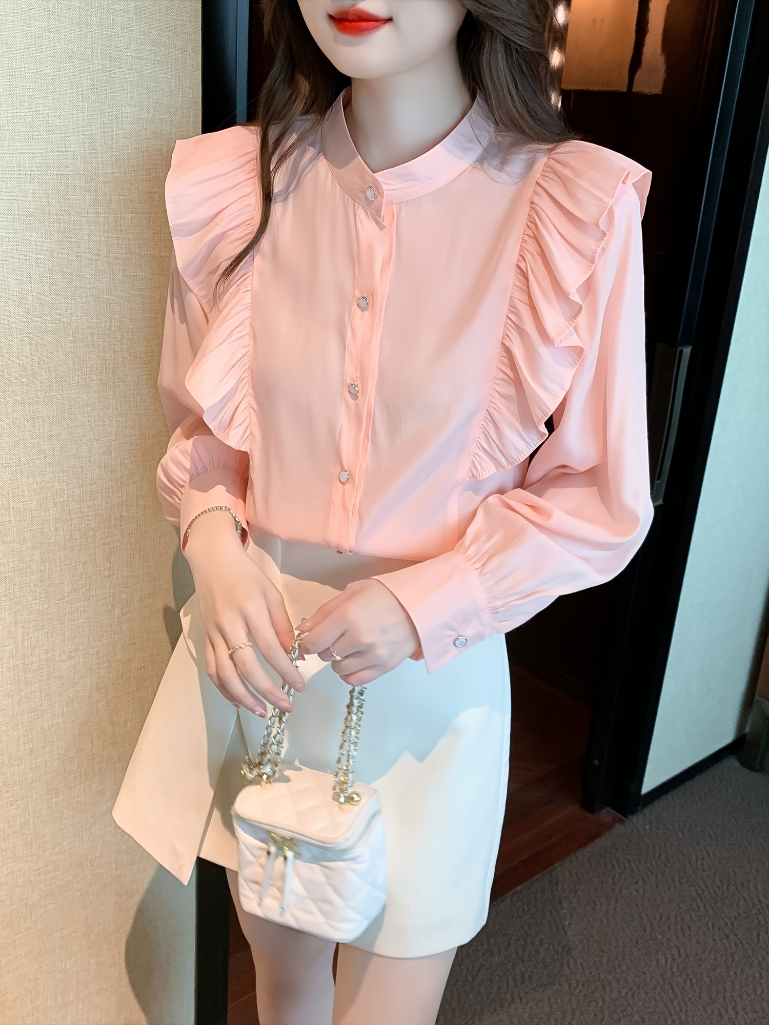 Women's Long Sleeve Shirt Tops Bow Tie Front Frilly Ruffle Solid Chiffon  Blouse