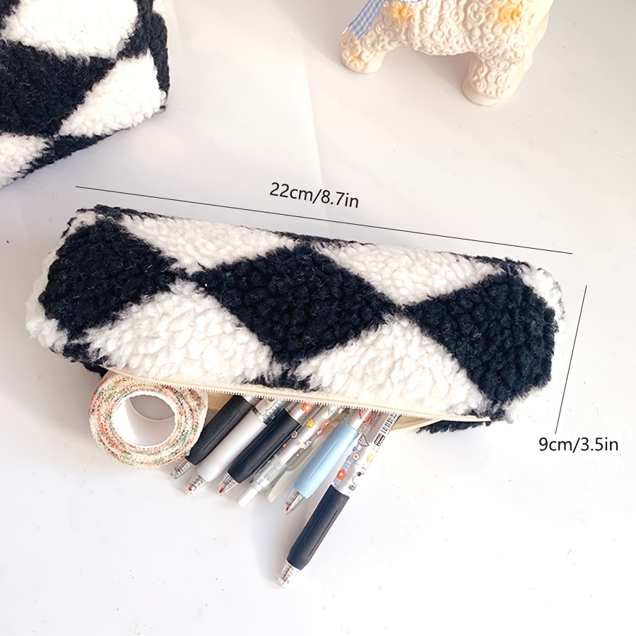 1pc Fleece Argyle Student Pencil Case Cute Pencil Box Office - Temu