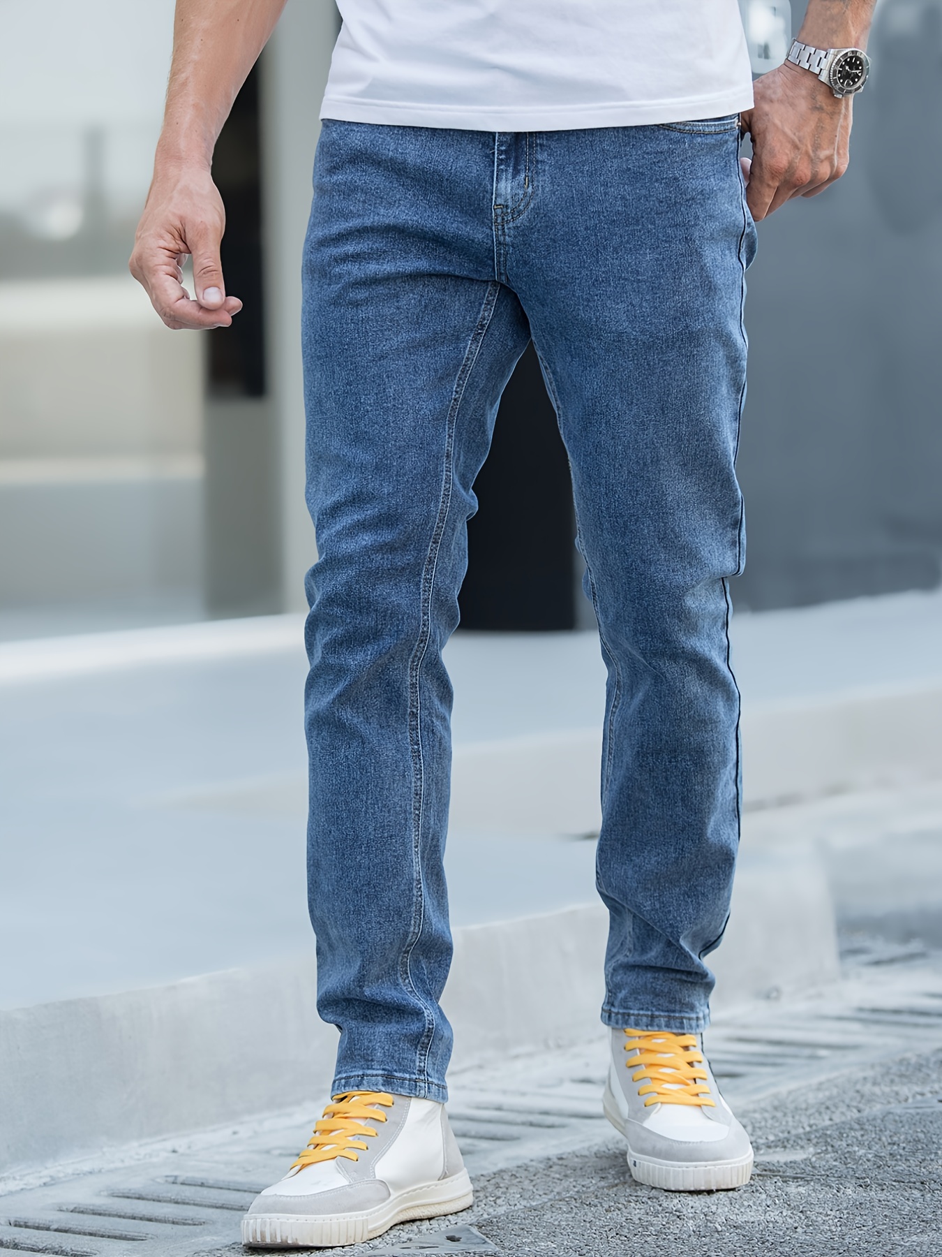 Men's Casual Jeans Slim Fit Trend Two Tone Denim Pants - Temu