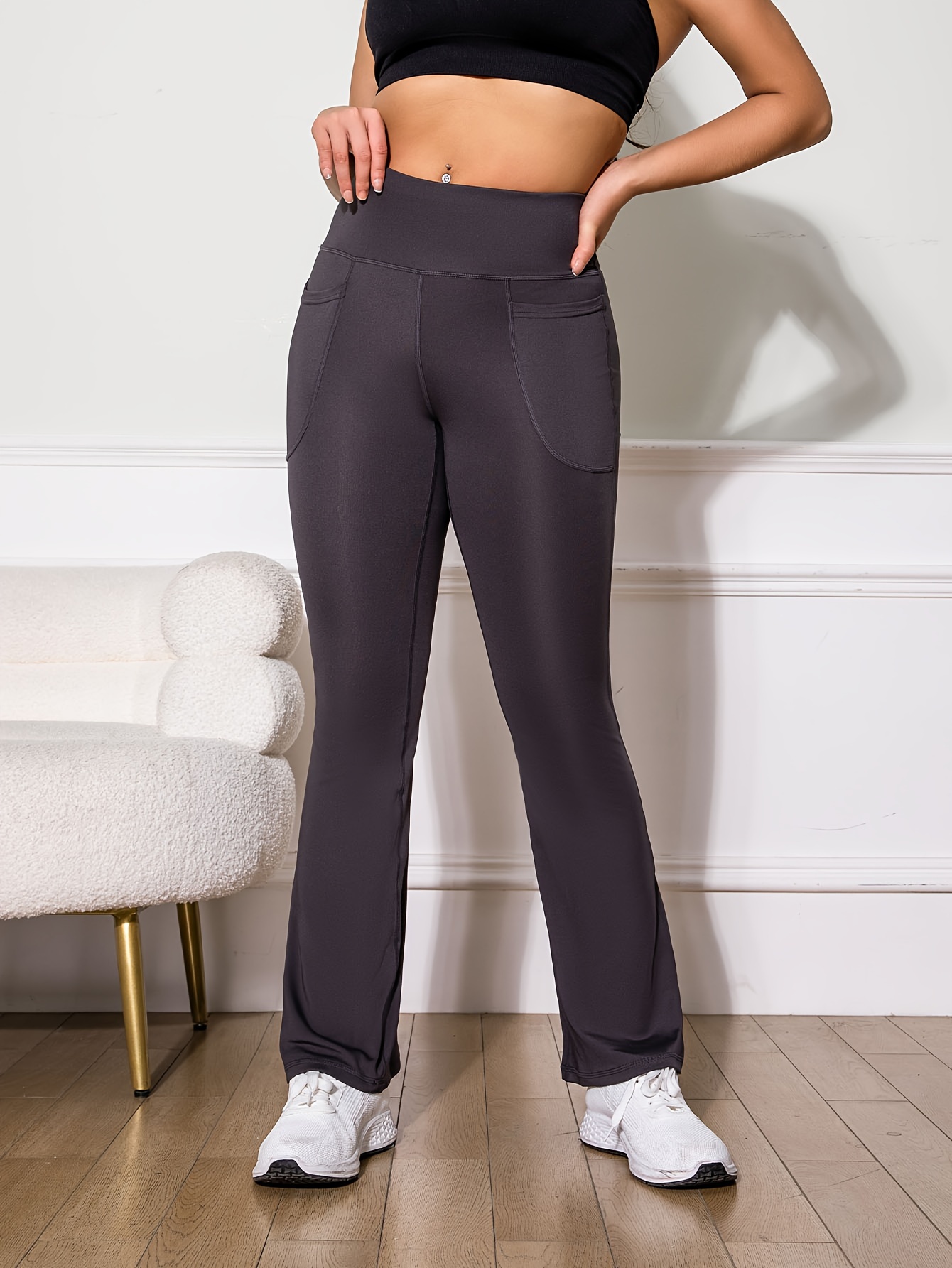 Solid Color Butt Lifting Flared Pants Pocket High Stretch - Temu Canada