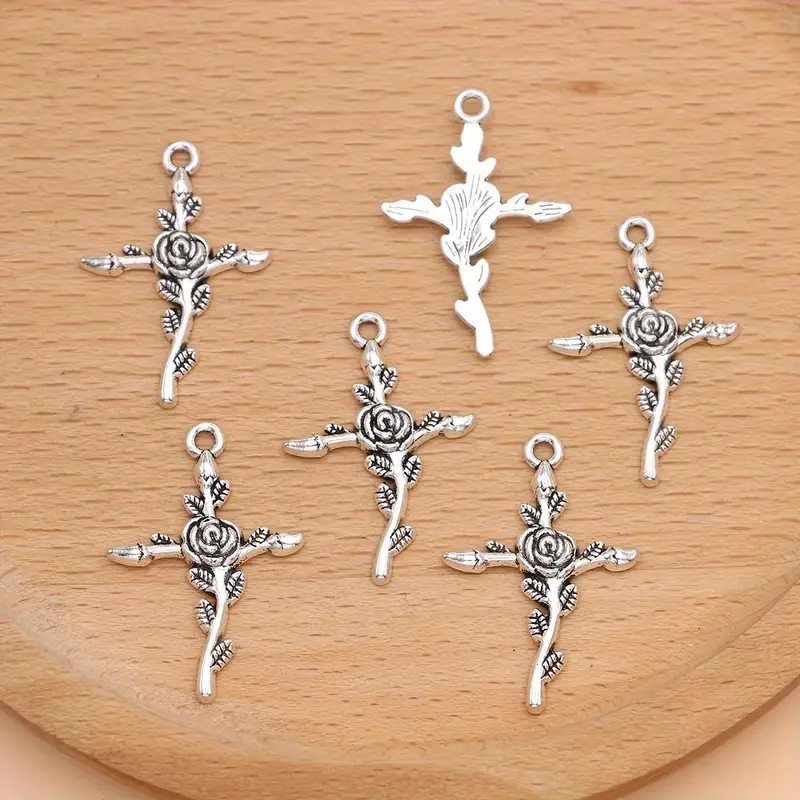 12pcs Antique Silver Plated Flower Cross Charms Rose Cross Pendants for Jewelry Making Necklace Bracelet Earrings Key Chain DIY Handmade