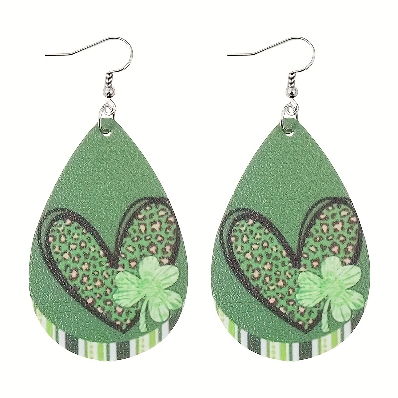 St Patrick's Green Heart Print Drop Earrings For Men Boys
