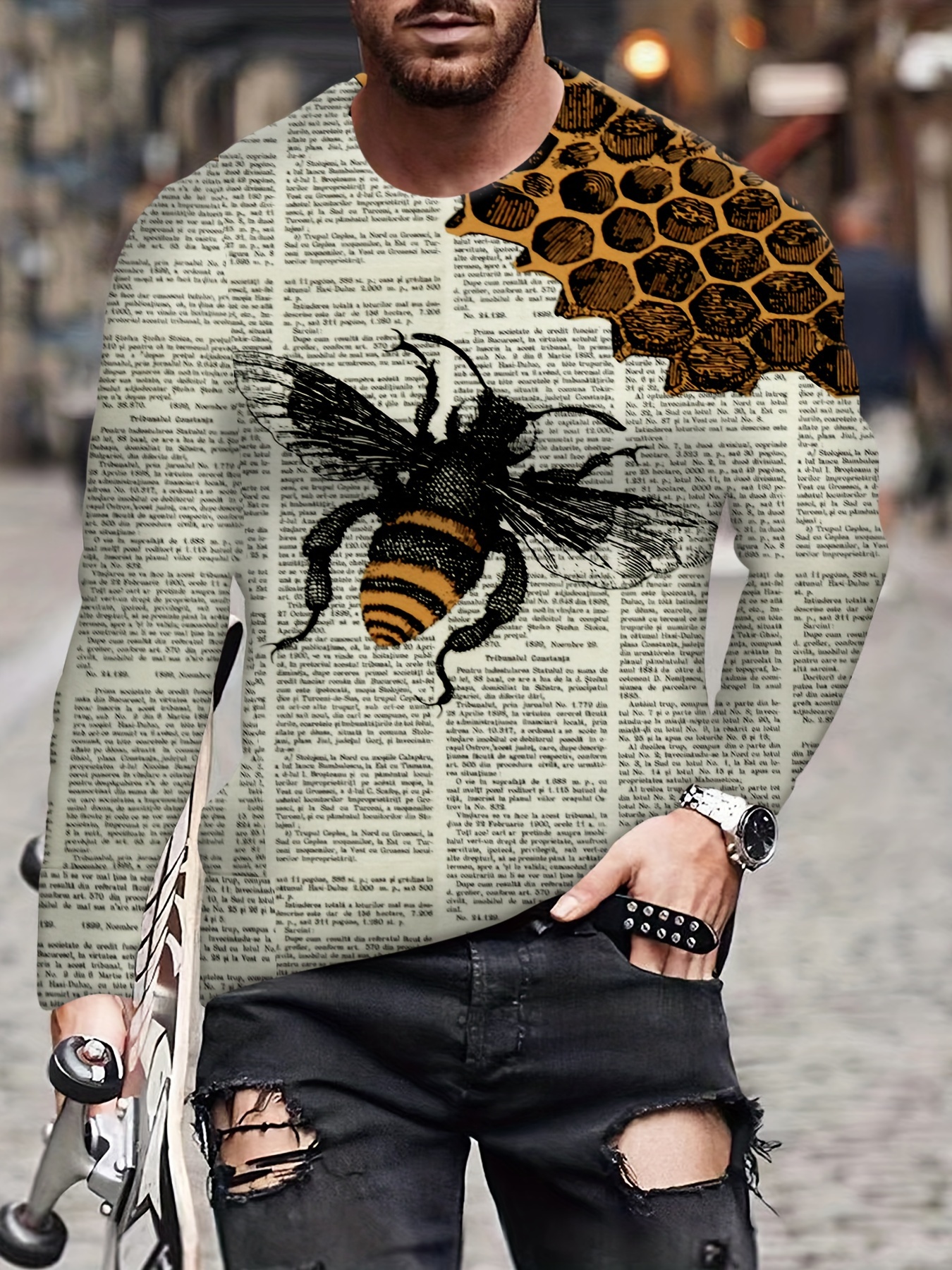 Bee And Newspaper 3d Graphic Print Men's Vintage Long Sleeve Crew