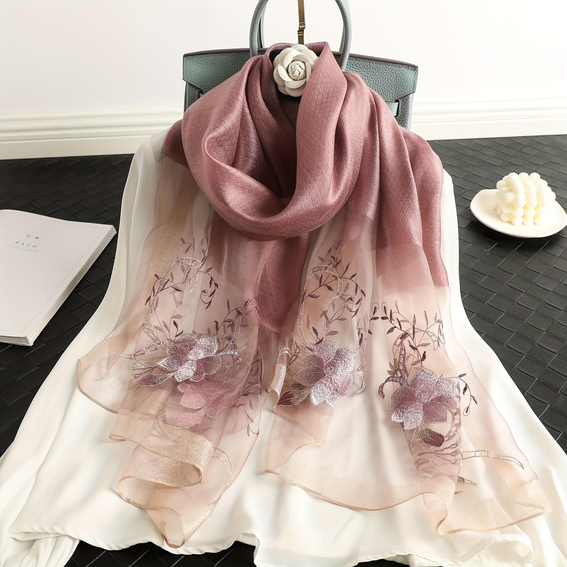 Flower Embroidery Square Bag Twilly Scarf Decor Fashionable Double