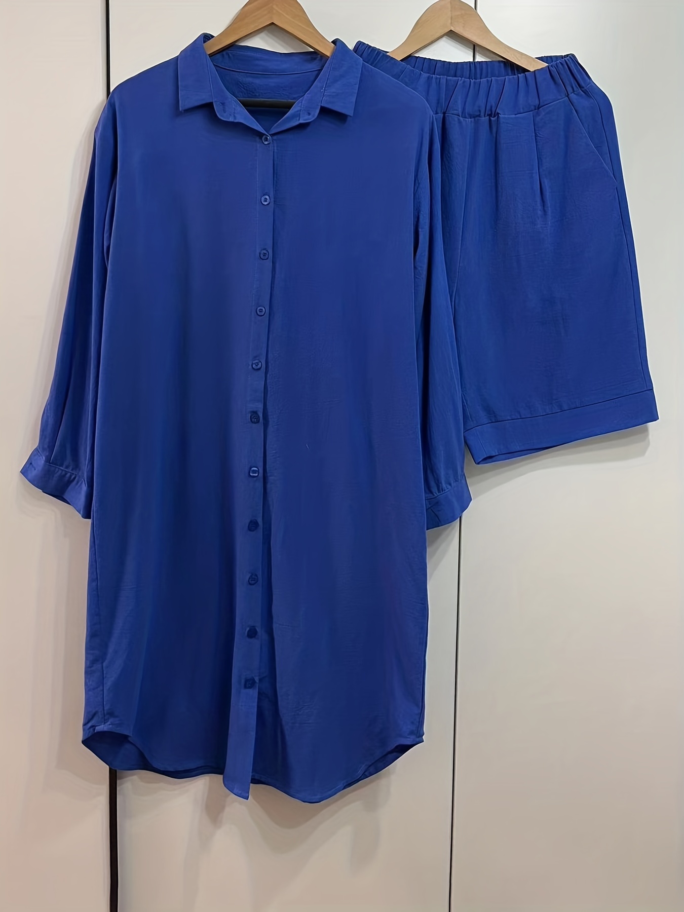 Solid Casual Two piece Set Button Front Long Shirt & Shorts