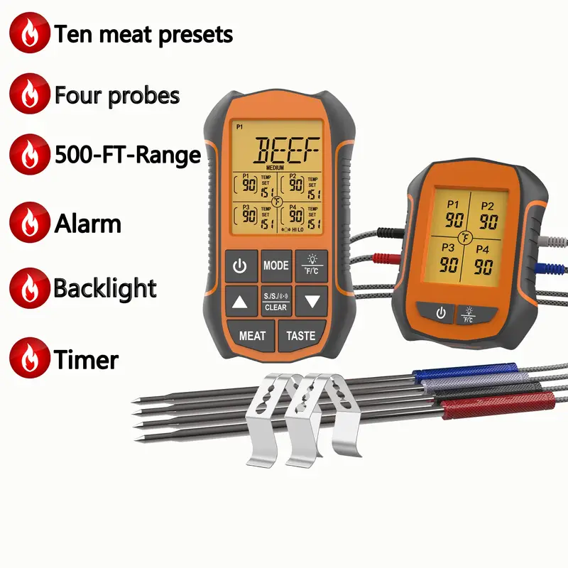 1pc, Wireless Meat Thermometer For Grilling And Smoking, 500FT Grill  Thermometer For Outside Grill With 4 Meat Probes, BBQ Thermometer For  Smoker Oven