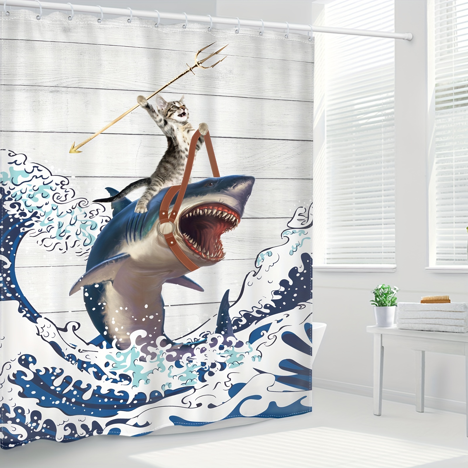 Funny Cat Riding Shark Shower Curtain Polyester Waterproof - Temu