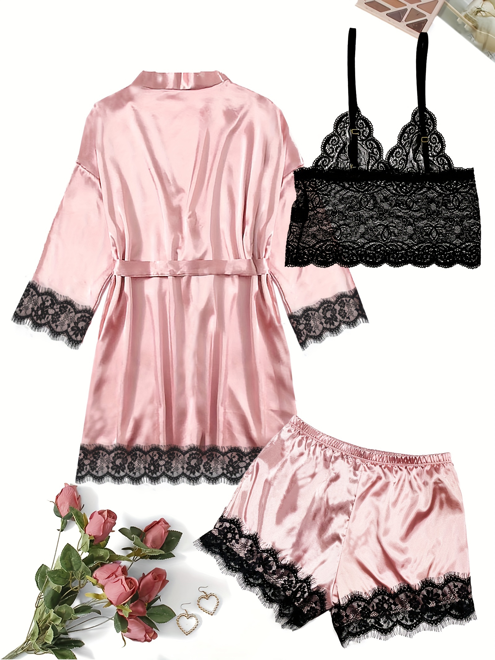 3Pcs Pajamas Set Lace Trim bras, Panties, Robe Nightwear Set