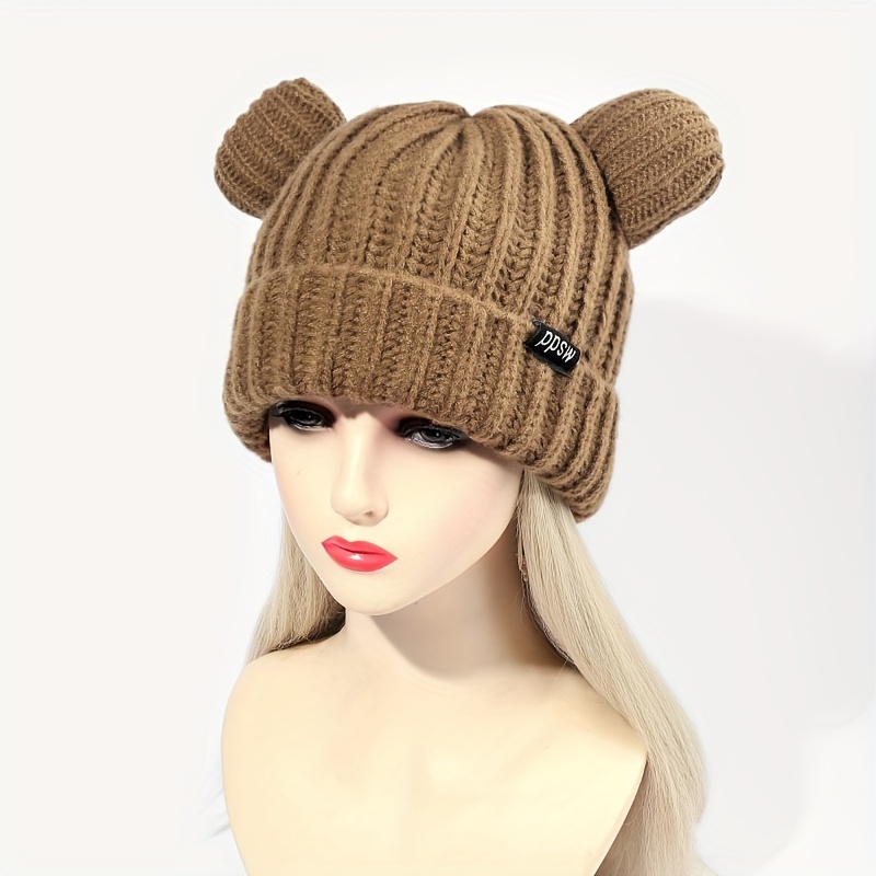 1pc Y2K Bear Ear Trendy Thick Knitted Beanie Hat, Cute Kawaii Korean Thermal Windproof Crochet Hat, Fall Winter Keep Warm Casual Versatile Soft