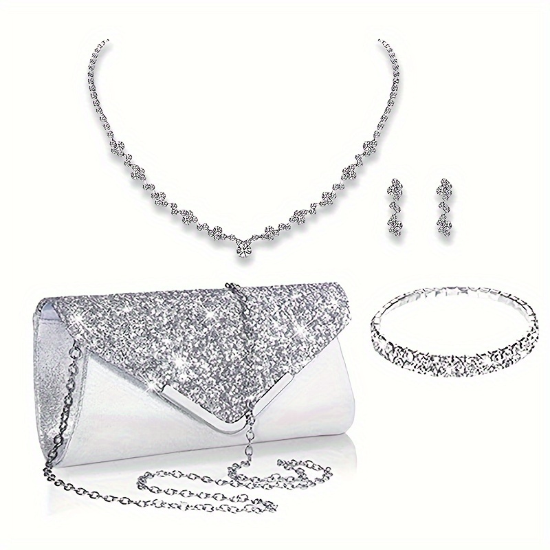 

Elegant Dinner Clutch Purse, Glitter Banquet Handbag, Women's Classic Bag & Earrings Necklace Bracelet Set For Carnaval Wedding Music Festival