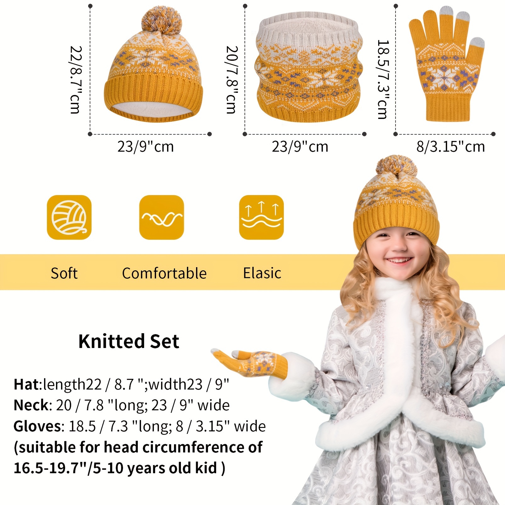 MORIASTER Lot de 3 accessoires tricotés pour enfant comprenant bonnet,  écharpe, gants Motifs rayures