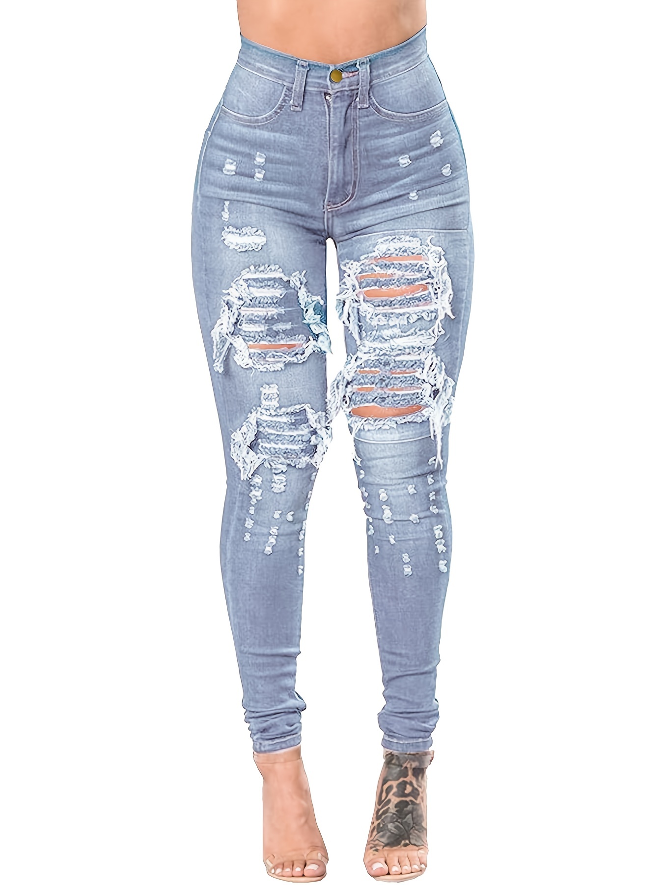 Blue Ripped Holes Skinny Jeans Distressed High Waist Slim Fit Slash ...