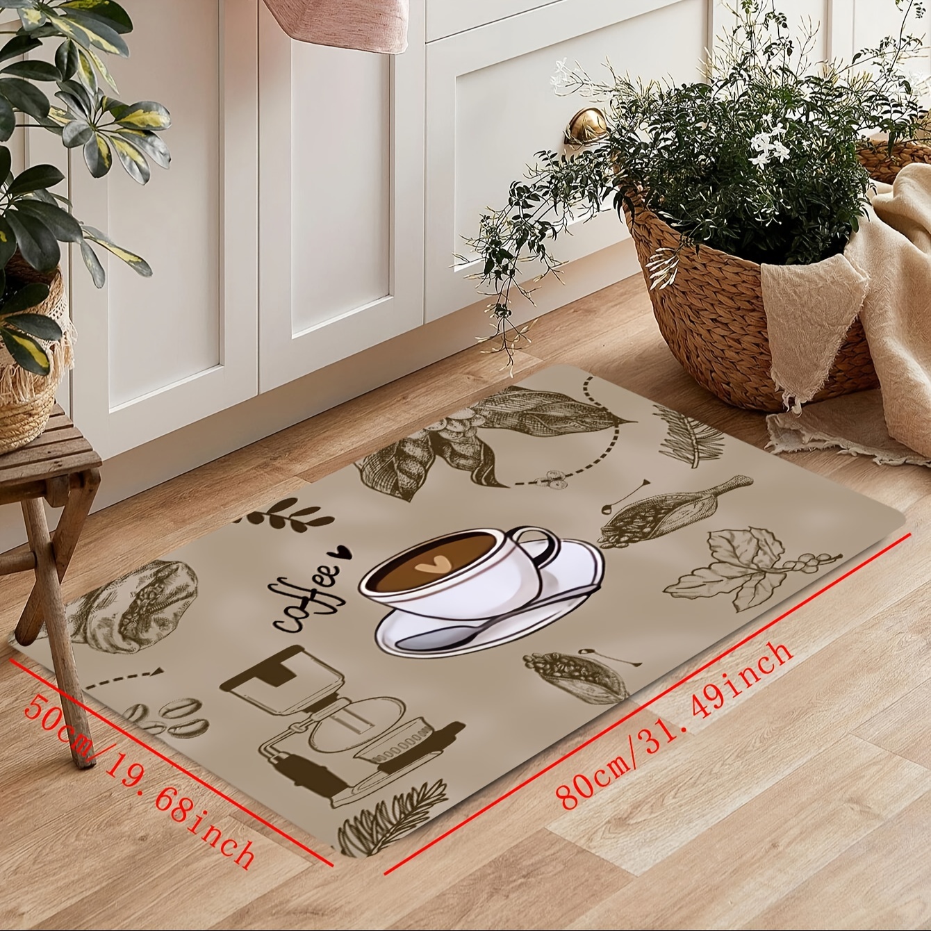 Coffee Cup Printed Kitchen Rug, Anti-slip Absorbent Memory Foam