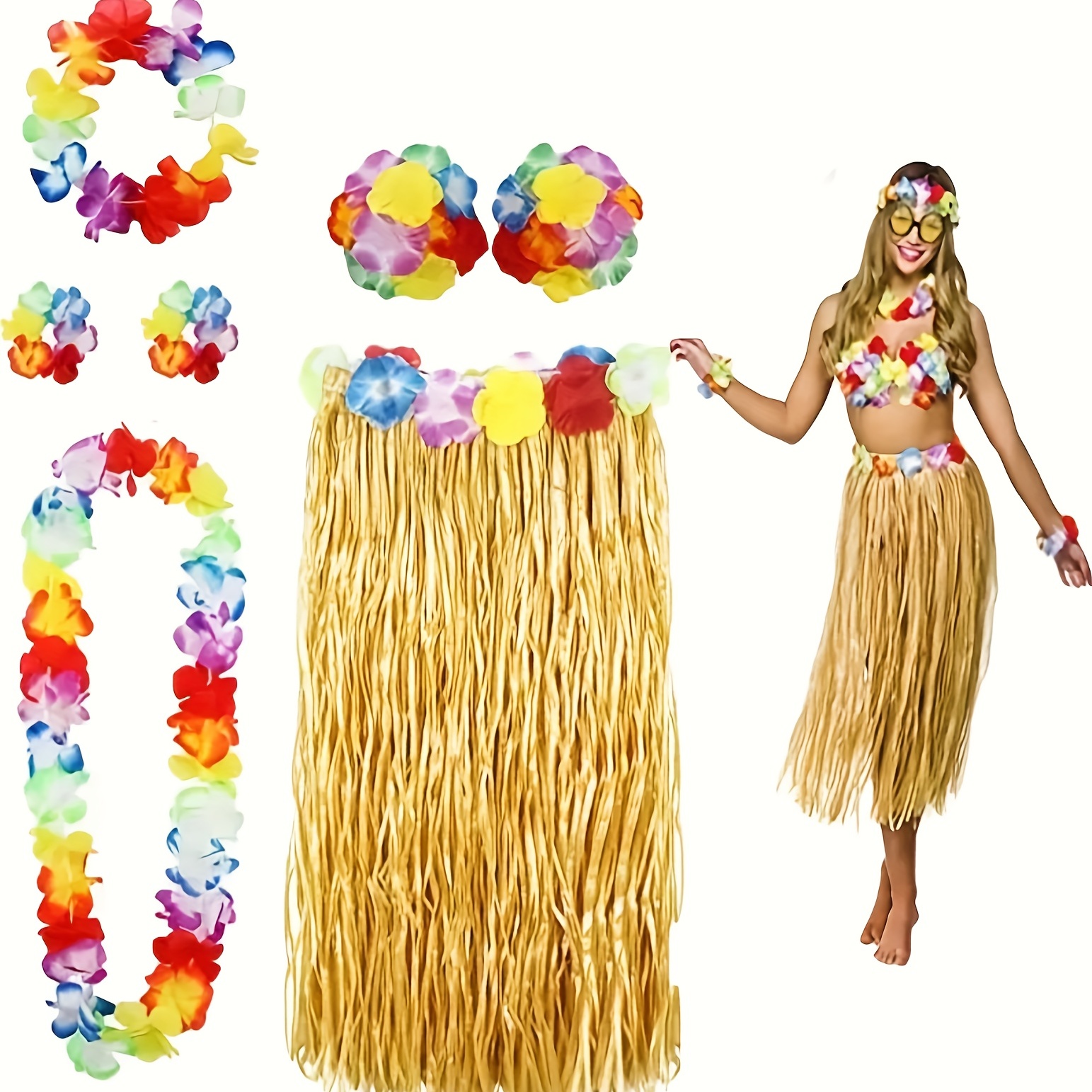 Cheap 8pcs/set Hawaiian Luau Hula Grass Skirt with Large Flower