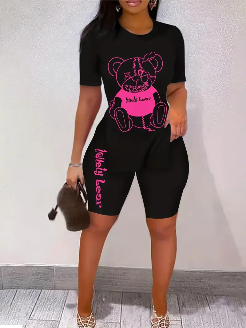 teddy bear print two piece set short sleeve side split casual t shirt workout shorts womens clothing details 1
