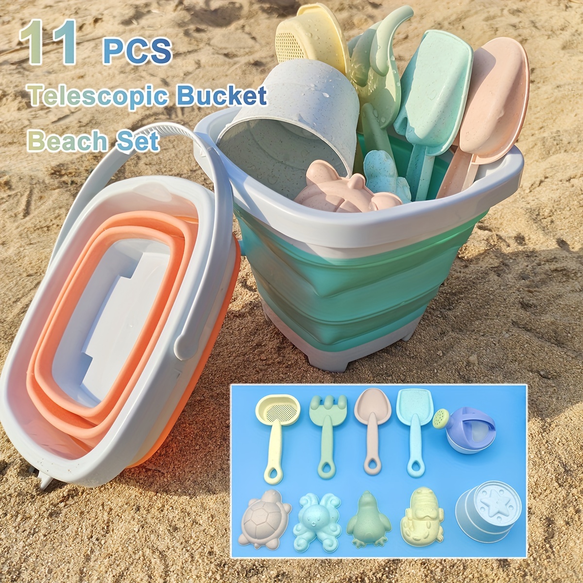 Beach Toys Sand Toys Set for Kids, Collapsible Sand Bucket and