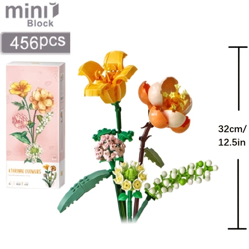Mini Flower Bouquet Building Kit Sets Artificial Flowers for Kids Adult  Valentine's Mom Day Gifts Pink Rose (not Compatible with Lego Set)