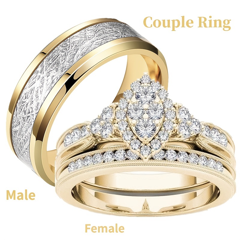 1PC 18K Gold Plated Stainless Steel Wedding Couple Ring Engagement Rings Set