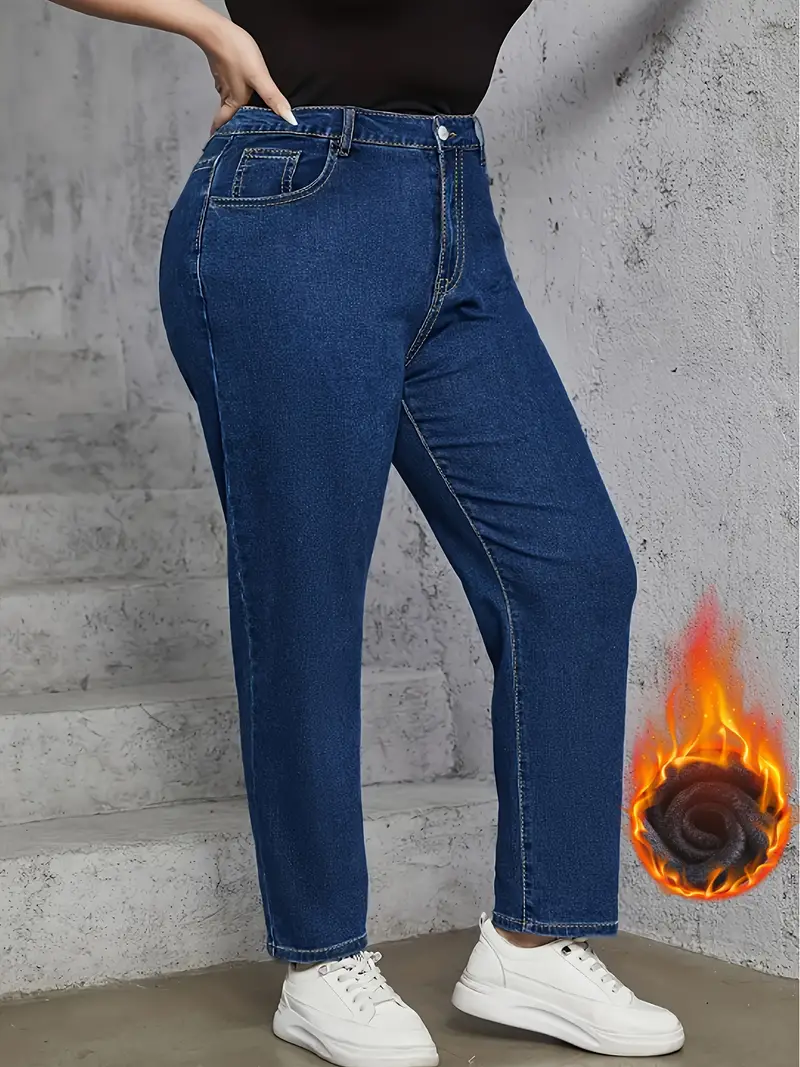 Women's Basic Jeans Plus Size Plain Medium Blue Faux Fleece - Temu