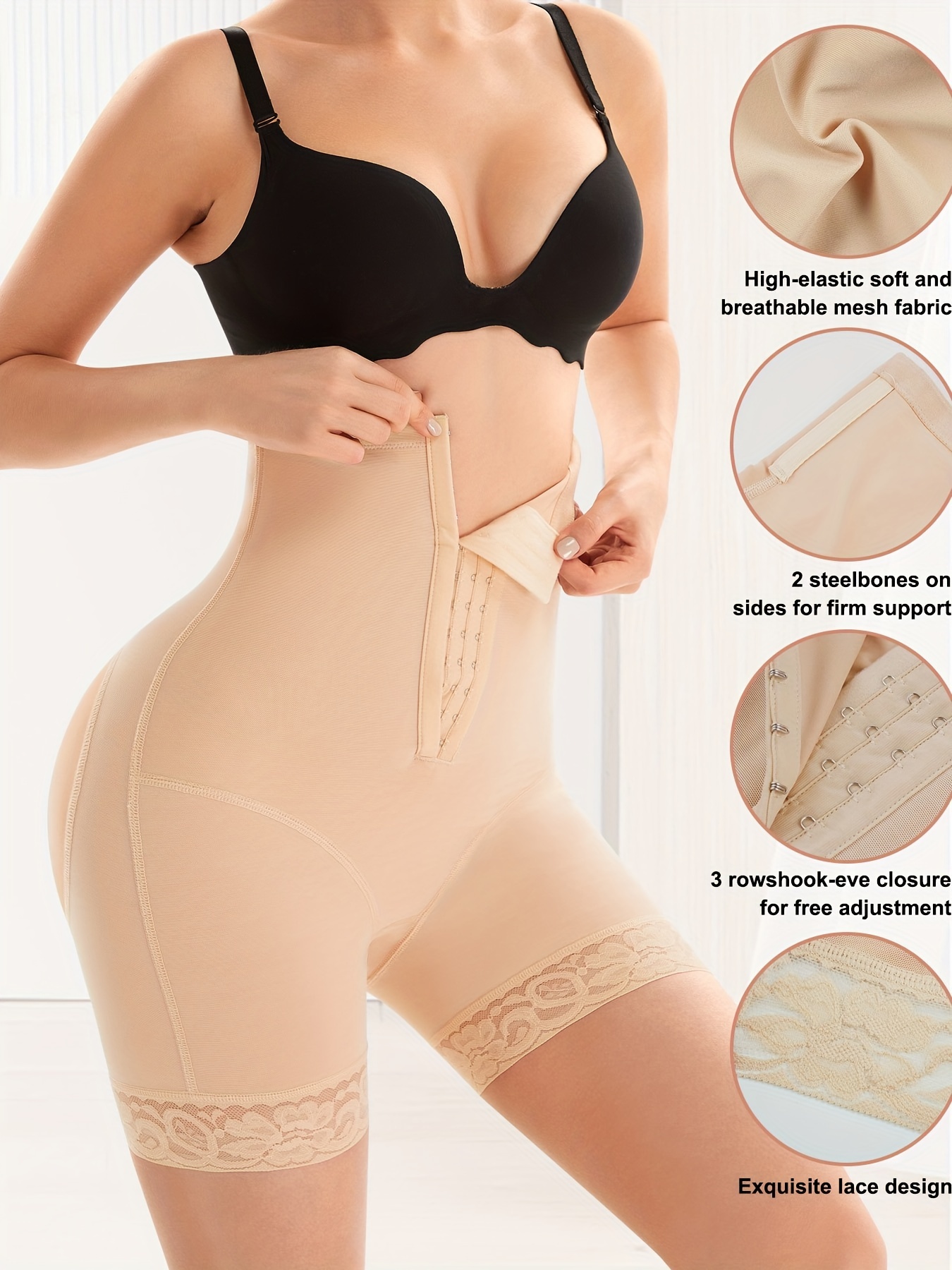 High Waist Lace Beige Body Shaper With Zipper Control Postpartum