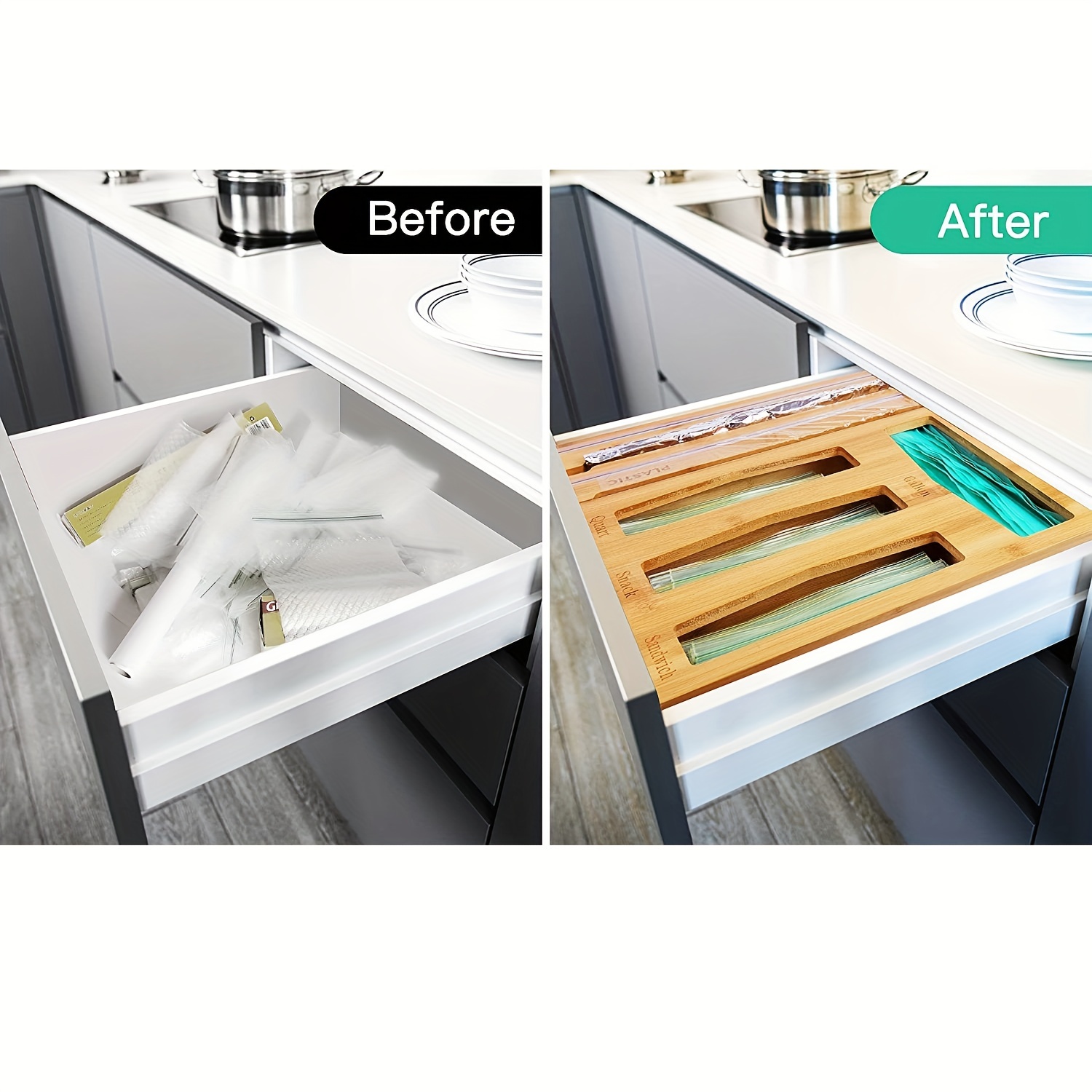 Bamboo Ziplock Bag Storage Kitchen Drawer Organizer