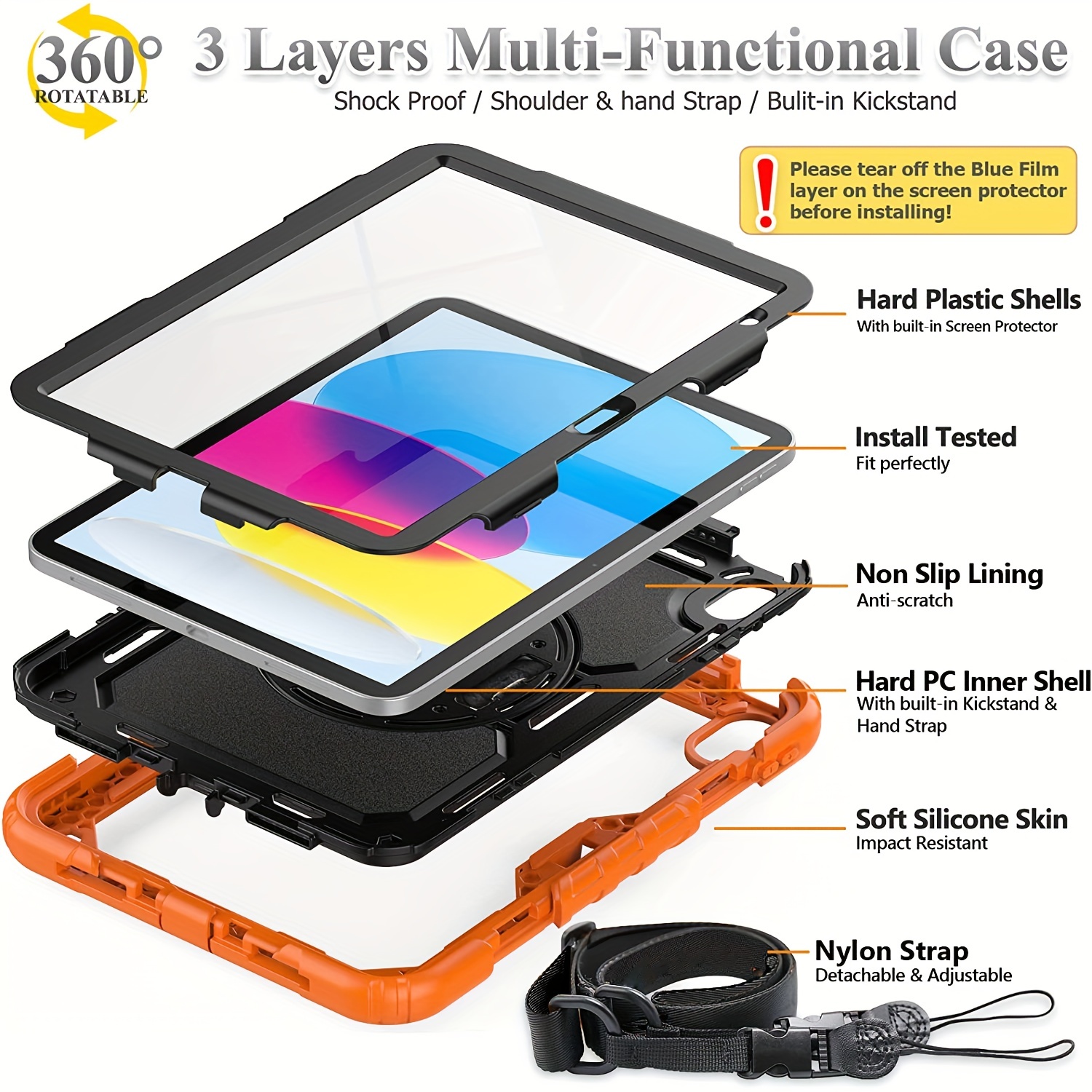Protective iPad (9th, 8th, and 7th gen) case  Defender Series with  Kickstand & Hand Strap