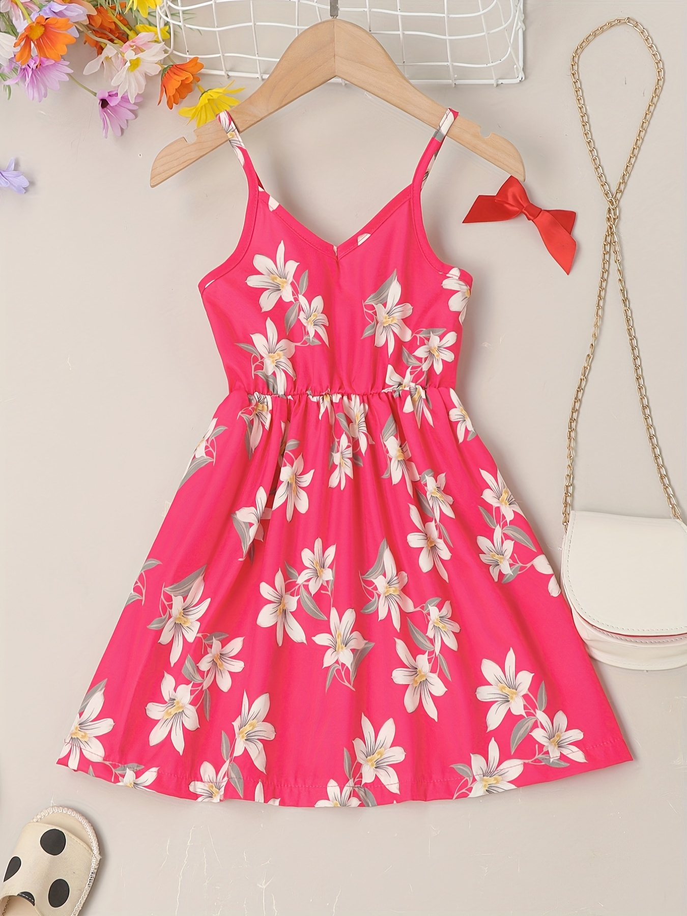 little girls cute sundress floral pattern party beach dress v-neck elastic waist camisole dress for summer rose red 0